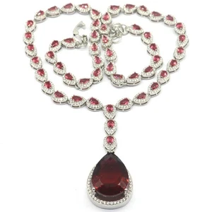 Collar de plata grande de piedras preciosas rosa frambuesa rodolita granate circonita cúbica para mujer 18-19" - Imagen 1 de 2