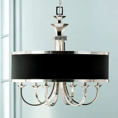 The Tuxedo Collection Drum Pendant 6Light-Black Shade Chandelier Silver Plated💕 - Image 1 of 4