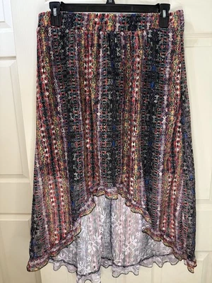 Saia feminina Bohemian Festival Hi-Lo XL forrada colorida. Cintura elástica - Imagem 1 de 4