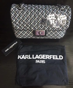 KARL LAGERFELD PARIS AGYNESS TWEED LARGE SHOULDER CROSSBODY BAG- METAL LOGO- NWT - Picture 1 of 18