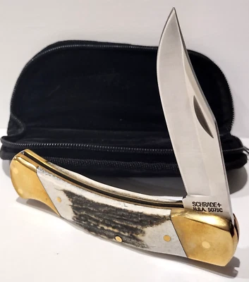 Schrade LB8 Factory 2nd Stag Bone Lockback Folding Pocket Knife USA Made + Case - Image 1 of 4