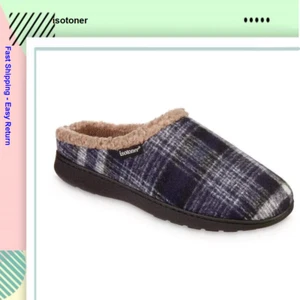 Isotoner Mens Plaid Hoodback Slipper | Navy Blue | XL (11-12) - Picture 1 of 5