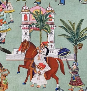 Jaipur Green Printed Cotton Fabric Palm Trees Animals Horses Elephants Maharajah - Picture 1 of 15