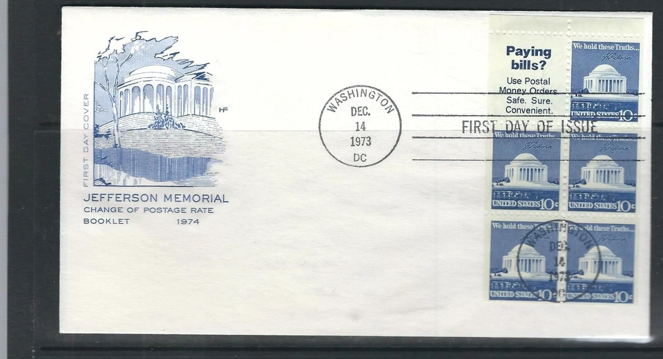 USA SC # 1510b Jefferson Memorial . Pane of 5 Plus Label . HF cachet - Image 1 of 1