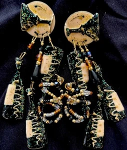 1988 Lunch At The Ritz Champagne Bottles Earrings VTG Dangle Black Enamel 4” - Picture 1 of 20