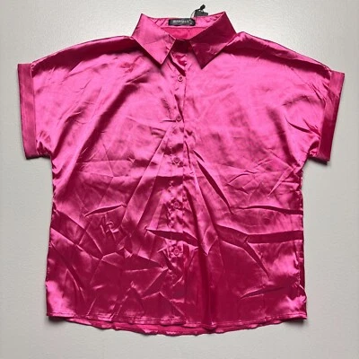 Camisa para mujer Allegra K mediana rosa satinado algodón manga corta cuello abotonado Foto 1 de 4