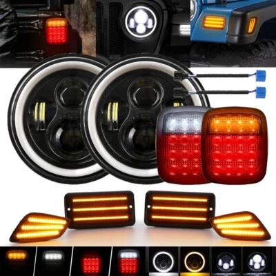 Faros LED DRL + luces traseras + luz de señalización lateral para Jeep Wrangler TJ 97-06 7" Foto 1 de 4