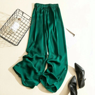 Lady Satin Wide Leg Pants Casual Trousers Loose High Waist Faux Silk Fashion New - Image 1 of 4