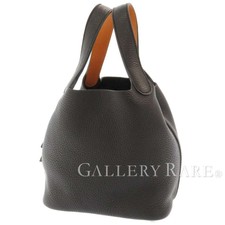 HERMES Picotin Lock Eclat PM Clemence Swift Black Toffee Handbag #A Authentic