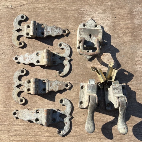 ANTIQUE VINTAGE NICKEL ICE BOX CABINET CHEST DOOR LATCH HINGES (7 total) Cover