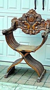 ANTIQUE 18c ENGLISH MAHOGANY HAND ADORNED SAVONAROLA DANTESCA LIONS THRONE CHAIR - Picture 1 of 12
