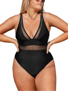 Women Plus Size One Piece Swimsuit V Neck Mesh Sheer Tummy Control Bathing Su... - Picture 1 of 6