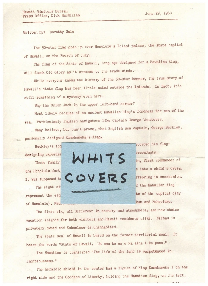 1960 HAWAII 50 STAR FLAG 1153 SCARCE EPHEMERA VISITORS BUREAU PRESS RELEASE - Image 1 of 1