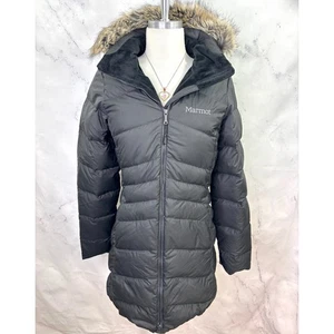 Marmot womens Montreal 700 Down fill hooded Coat Parka S Black Faux Fur Trim - Picture 1 of 21