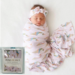 Posh Peanut Unicorn Ice Cream Cone Swaddle & Headwrap Bow Bamboo Viscose Set New - Picture 1 of 9