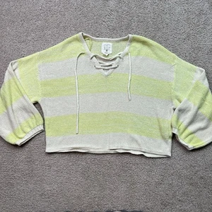Suéter Recortado a Rayas con Cordones Billabong L Amarillo Crema Mezcla de Algodón Estilo Surf - Imagen 1 de 8