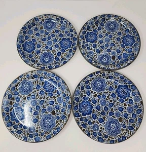 Set Of 4 Vintage Takahashi Hand Decorated Blue Brown Floral Stoneware Plates - Picture 1 of 10