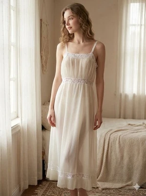 Винтажный слоновой кости нейлона ночная рубашка скольжения платье со складками бюст и кромки кружева отделки кокетка подходит M - Изображение 1 из 4