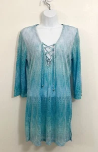 Women Ombre Tunic Top Blue S Lace Up V Neck Fairy 3/4 Sleeve Sheer Beachy Boho - Picture 1 of 10