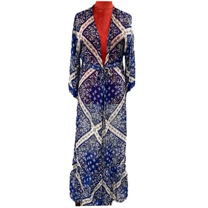 Xhilaration kimono cover up size S blue & white bandana print maxi crochet lace - Picture 1 of 12