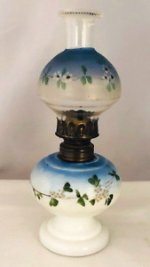 Antique Blue Painted Milk Glass Nellie Bly Miniature Oil Lamp Hornet Burner