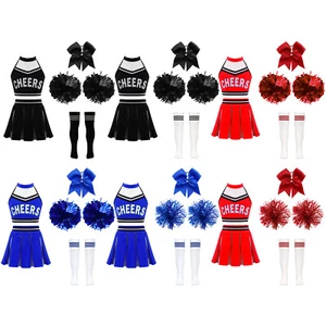 Kids Girls Cheerleader Costume Outfit with Pom Poms Cheerleading Fancy Dress AU - Picture 1 of 59