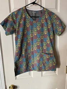 Jockey Medical Uniform Scrubs Top V-Neck Colorful Peace Hearts XS Geometric Fun - Picture 1 of 4