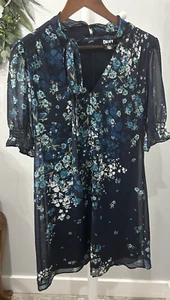 DKNY Dress Blue Sheer Floral Dress Tie Neck Peasant Modest Cottage Mature Size 6 - Picture 1 of 8