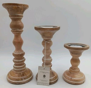 Set Of 3 Mela Artisan Pillar Candle Holders. Mangowood 12" 9" 3" - Picture 1 of 8