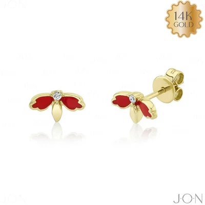14K Gold Natural Diamond Red Enamel Butterfly Studs Earrings Jewelry-Gifts for M - Image 1 of 4