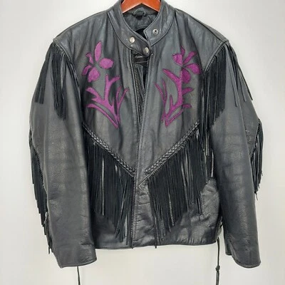 UNIK Black Purple Flowers Leather Motorcycle Jacket Women's (XL) Fringe Biker - Image 1 of 4