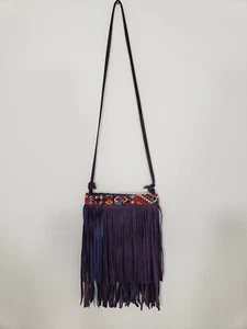 ARLOOM PURPLE LEATHER FRINGES CROSSBODY SHOULDER BAG PURSE HANDMADE IN GUATEMALA - Picture 1 of 11