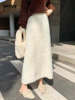 Saia de malha feminina saias longas cintura alta quente sólida casual saia de pele sintética - Imagem 1 de 4