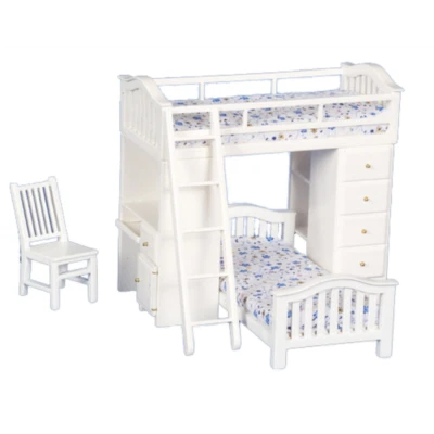 Dolls House White Bunk Bed Set with Desk Chair Miniature Teen Bedroom Furniture - Image 1 of 4