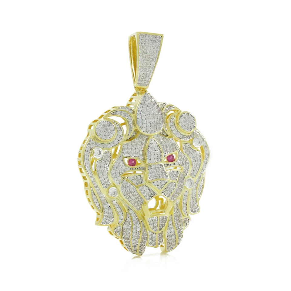 HIP HOP ICED GOLD PLATED MICRO PAVE BLING LARGE RED EYE LION HEAD PENDANT - Image 1 of 1