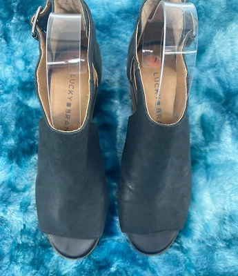 Lucky Brand Barimo Women’s Ankle Booties Size 7M Black Leather Stacked Wood Heel Foto 1 de 4