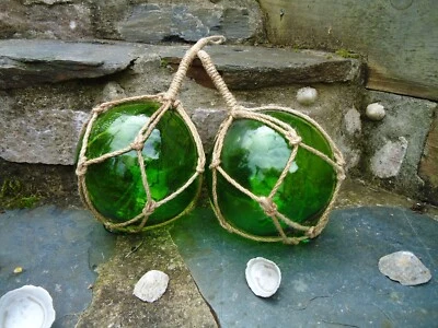 2 X Glass Fishing Boat Net Floats Green Buoys Balls tiki Japanese Garden 105 - Image 1 of 4