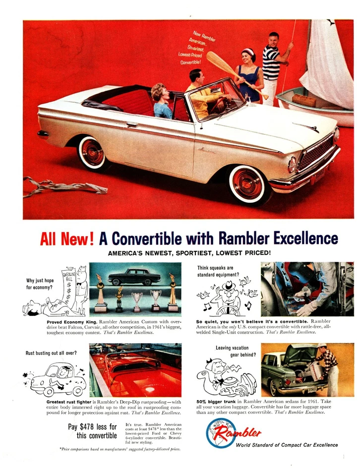 Rambler 1961 convertible anuncio impreso vintage MCM deportivo compacto paredes blancas  Foto 1 de 1