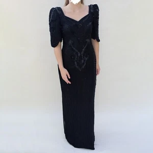 Vtg Prom Maxi Dress 80s 90s Whimsygoth Witchy Gothic Glam Silk Long Beaded NWT - Picture 1 of 15