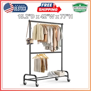 Heavy Duty Clothing Racks for Hanging Rack Double Rod Garment Rack Rolling Close - Picture 1 of 9