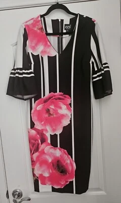 ECI Strped Floral Stretch Knee Length Dress Bell Sleeves Sz 4 - Image 1 of 4