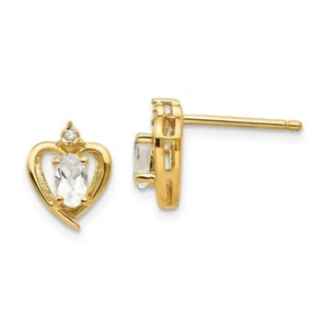 14K Solid Two Tone Gold Topaz Diamond Heart Stud Earrings - Picture 1 of 11