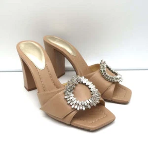 Alexandre Birman Crystal-Embellished High Heel Mules Nude Leather Size 37.5 - Picture 1 of 11