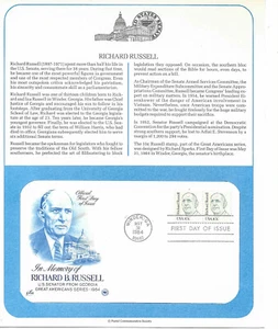 1984 Richard Russell, US Senator, Winder, GA Sc 1853 FDC info page PCS - Picture 1 of 1