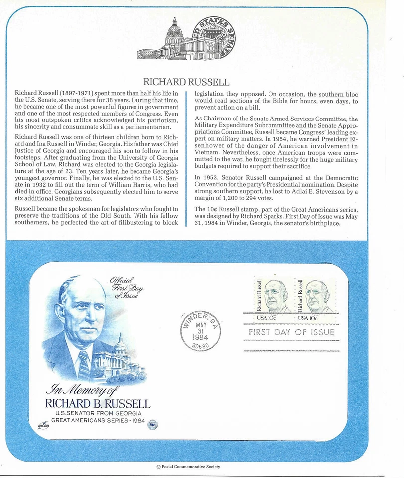 1984 Richard Russell, US Senator, Winder, GA Sc 1853 FDC info page PCS - Image 1 of 1