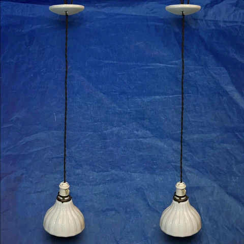 Wired Pair Pendant Lights scalloped Shades Porcelain Fixtures 12M Cover