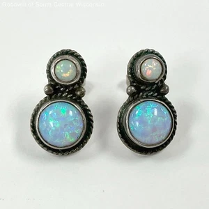Sterling Silver Signed "A" Southwestern Lab Created Opal Earrings, 3.36g - Picture 1 of 5