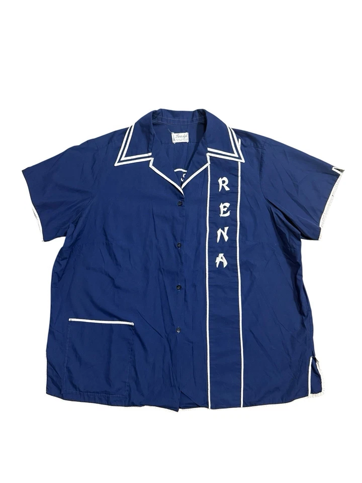 Camisa de Bowling Años 70 Azul Marino/Blanco Bordada Talla XL/XXL Foto 1 de 4