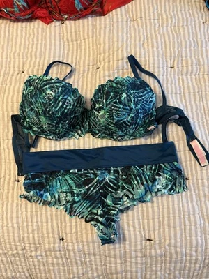 PINK Victorias Secret VS Nwt Strappy Sexy Blue Lace Date Push Up + Panties Palm - Image 1 of 4