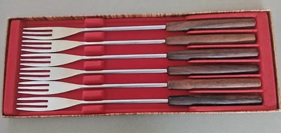 Rostfrei Fondue Forks Germany Stainless Steel 3 Prong Teak Wood MCM Mid Century - Image 1 of 4